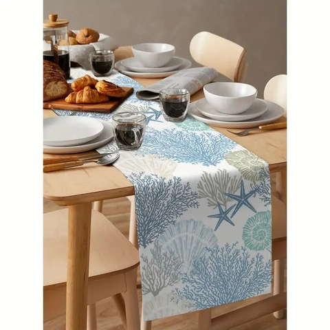 Runner da Tavolo Moderno in Lino Corallo Oceanico Blu Stelle Marine Conchiglia Decorazione Per Cucina Sala Da Pranzo Festa