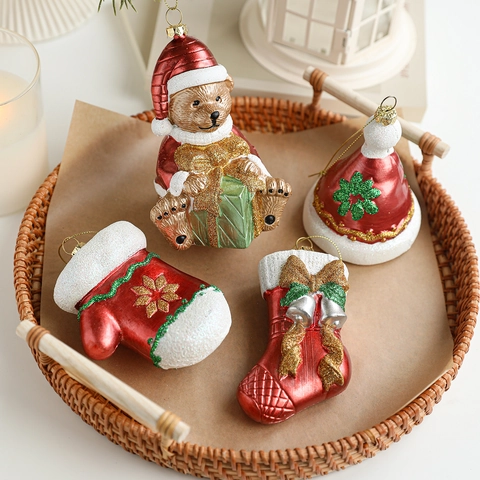 Christmas Tree Hanging Ornaments Plastic Glitter Painted Bear Stocking Hat Mitten Sleigh Gnome Holiday Decor Festive