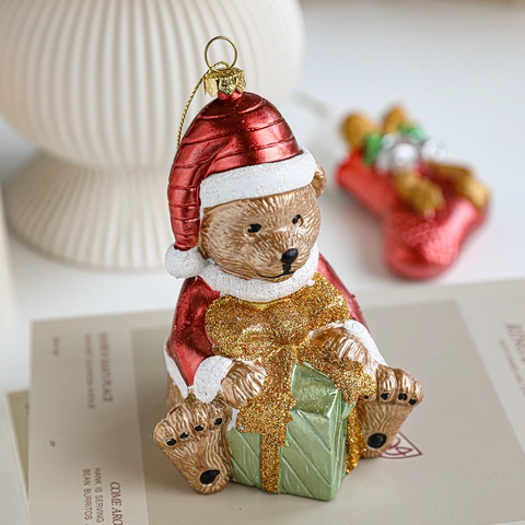 Christmas Tree Hanging Ornaments Plastic Glitter Painted Bear Stocking Hat Mitten Sleigh Gnome Holiday Decor Festive