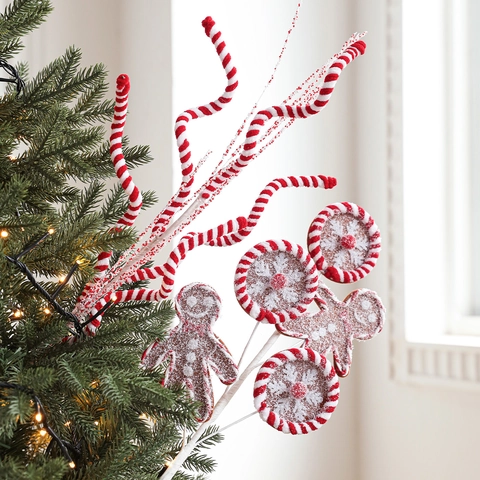 Christmas Tree Picks Candy Cane Sprays Gingerbread Man Foam Fabric Decorative Sticks Red White Glitter Holiday Party Garland Ornaments