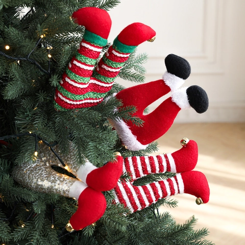 Decoración De Piernas De Elfo Para Árbol De Navidad Tela De Peluche Con Lentejuelas Y Cascabeles De Metal Fiesta
