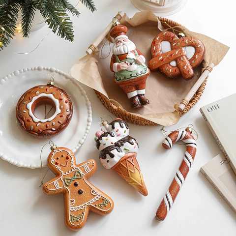 Plastic Gingerbread Man Santa Chef Food Shaped Christmas Tree Hanging Ornaments Glitter Festive Party Home Decor