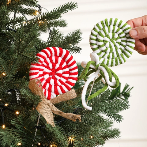 Adornos De Piruleta De Navidad Felpa Punto Palillos De Caramelo Espiral Con Lazo De Arpillera Decoración
