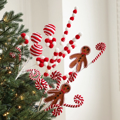 Peperkoekmannetje Sneeuwvlok Kerstboom Decoratieve Takken Stof Pom-pom Takken Vakantie Kerstfeest Thuis Bloemstuk