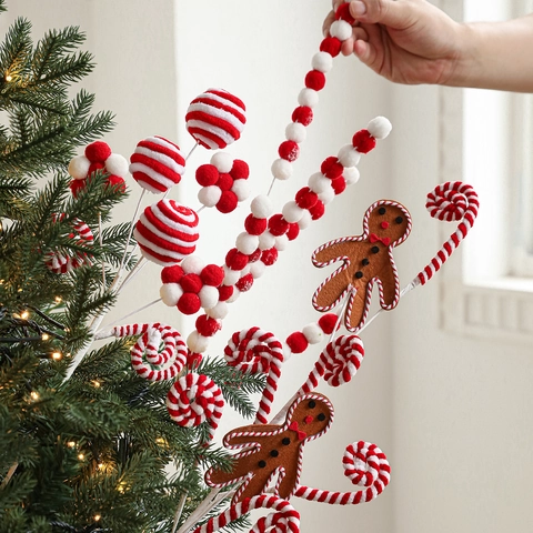 Peperkoekmannetje Sneeuwvlok Kerstboom Decoratieve Takken Stof Pom-pom Takken Vakantie Kerstfeest Thuis Bloemstuk