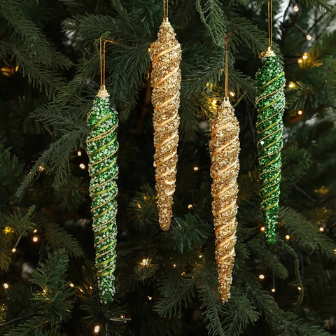 Glitter Christmas Icicle Ornaments Spiral Hanging Decorations For Christmas Tree Festive Holiday Party Green And Gold