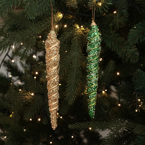 Glitter Christmas Icicle Ornaments Spiral Hanging Decorations For Christmas Tree Festive Holiday Party Green And Gold