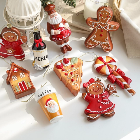 Mignons Ornements de Noël Bonhomme en Pain d'Épices Maison en Plastique Tasse à Café Sucette Décoration Suspendue pour Sapin