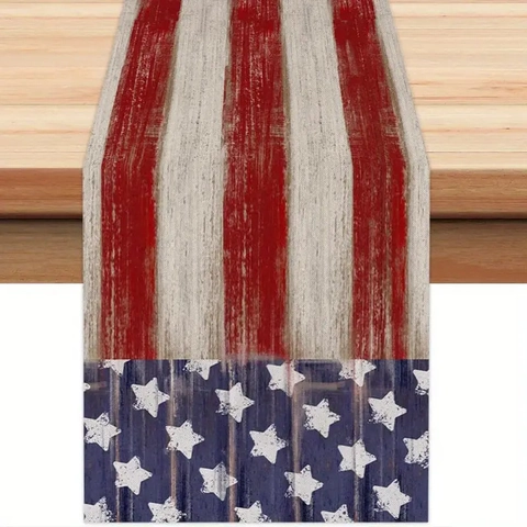 American Independence Day Linen Table Runner Patriotic Gnome Star Stripes Pattern Festive Kitchen Dining Table Decoration