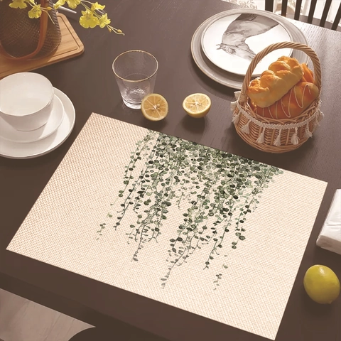 Linen Cotton Placemats Heat Resistant Washable Table Mats Tropical Green Leaves Monstera Palm Print Kitchen Dining Decor
