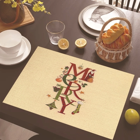 Set De Table Joyeux Noël Lin Coton Résistant À La Chaleur Lavable Décoration Table Cuisine Motif Noël Père Noël Maison Fête