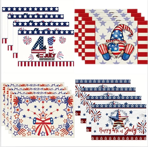 Independence Day Placemats Linen Heat Resistant Non-Slip Patriotic Gnome Stars Stripes Dining Table Decor