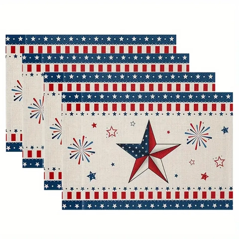 Independence Day Placemats Linen Heat Resistant Non-Slip Patriotic Gnome Stars Stripes Dining Table Decor