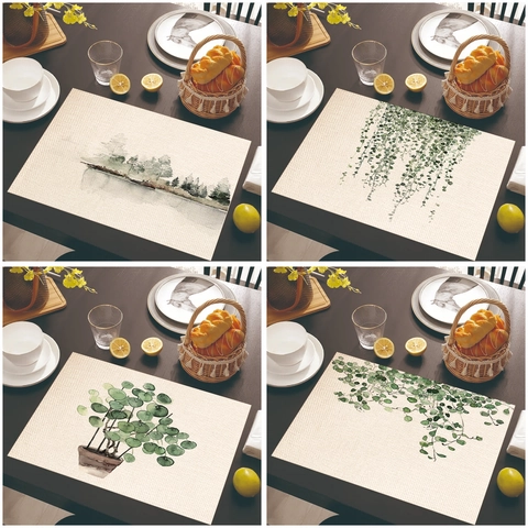 Linen Cotton Placemats Heat Resistant Washable Table Mats Tropical Green Leaves Monstera Palm Print Kitchen Dining Decor