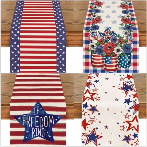 Table Runner Linen Blend Stars And Stripes Independence Day Patriotic American Flag Print 4th Of July Kitchen Decor