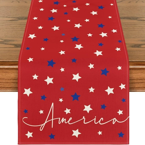 Table Runner Linen Blend Stars And Stripes Independence Day Patriotic American Flag Print 4th Of July Kitchen Decor