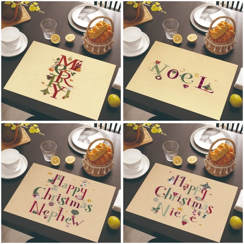 Set De Table Joyeux Noël Lin Coton Résistant À La Chaleur Lavable Décoration Table Cuisine Motif Noël Père Noël Maison Fête