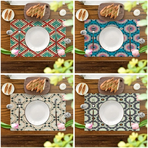 Bohemian Vintage Linen Patterned Dining Placemat Heat Resistant Non-Slip Rectangular Table Mat For Home Kitchen Decor