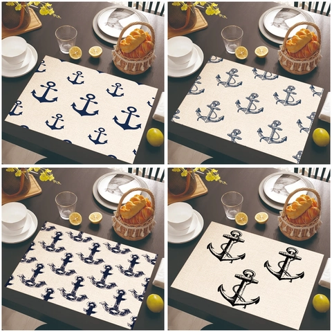 Nautical Anchor Linen Placemat Heat Resistant Non-Slip Dining Table Mat Marine Style Home Kitchen Decoration 45x30cm