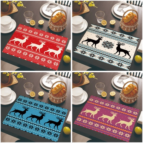 Weihnachts Platzset Leinen Elch Schneeflocke Muster Hitzebeständig Abwaschbar Esstisch Deko Nordischer Stil