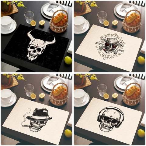 Set de Table en Lin Crâne Gothique Résistant à la Chaleur Rectangulaire pour Cuisine Salle à Manger Maison Halloween Décor Squelette