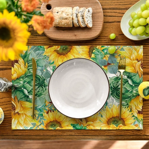 Sunflower Honey Bee Placemat Linen Cotton Table Mat Heat Resistant Anti Slip Spring Floral Home Dining Kitchen Decoration