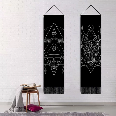 Vertical Black Wall Tapestry Wood Pole Tassel Astrological Zodiac Geometric Line Art Polyester Cotton Hanging Painting