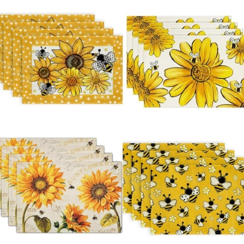 Sunflower Honey Bee Placemat Linen Cotton Table Mat Heat Resistant Anti Slip Spring Floral Home Dining Kitchen Decoration