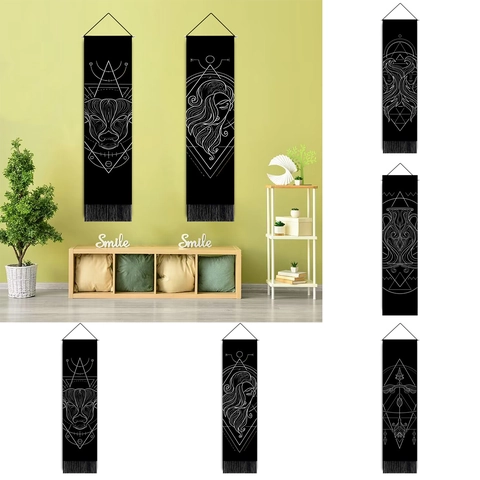 Vertical Black Wall Tapestry Wood Pole Tassel Astrological Zodiac Geometric Line Art Polyester Cotton Hanging Painting