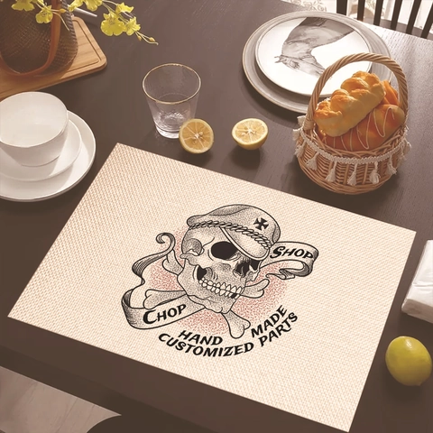 Gothic Skull Linen Placemat Heat Resistant Rectangular Table Mat For Kitchen Dining Room Home Halloween Decor Skeleton Place Mat