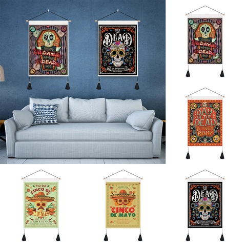 Arazzo Da Parete Teschio Di Zucchero Giorno Dei Morti Cinco De Mayo Tessuto Decor Con Asta In Legno E Nappine
