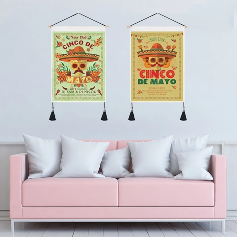 Arazzo Da Parete Teschio Di Zucchero Giorno Dei Morti Cinco De Mayo Tessuto Decor Con Asta In Legno E Nappine