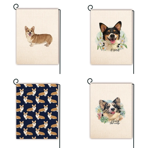 Double Sided Linen Garden Flag Corgi Dog Pattern Outdoor Yard Decoration Flag Welcome Home Pet Puppy Decorative Banner