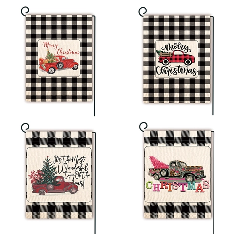 Merry Christmas Garden Flag Double Sided Linen Red Truck Buffalo Plaid Outdoor Yard Banner Winter Holiday Home Decoration