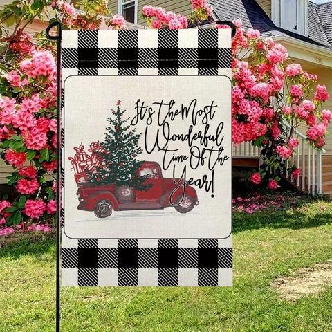 Christmas Garden Flag Double Sided Linen Buffalo Plaid Vintage Red Truck Christmas Tree Outdoor Yard Courtyard Holiday Decor