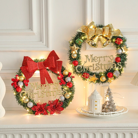 Artificial Christmas Wreath With Merry Christmas Sign Bow Bells Berries Pine Needle Wall Front Door Hanging Decoration