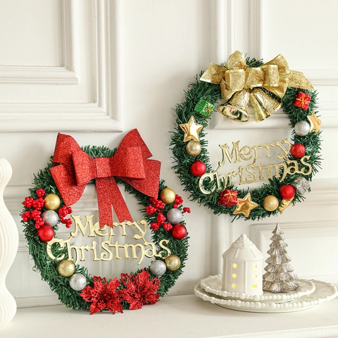 Artificial Christmas Wreath With Merry Christmas Sign Bow Bells Berries Pine Needle Wall Front Door Hanging Decoration