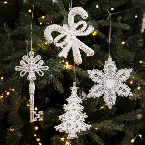 Retro Luxury White Gold Plastic Christmas Tree Hanging Ornaments For Holiday Home Party Decor Snowflake Star Elk Candy Cane Key
