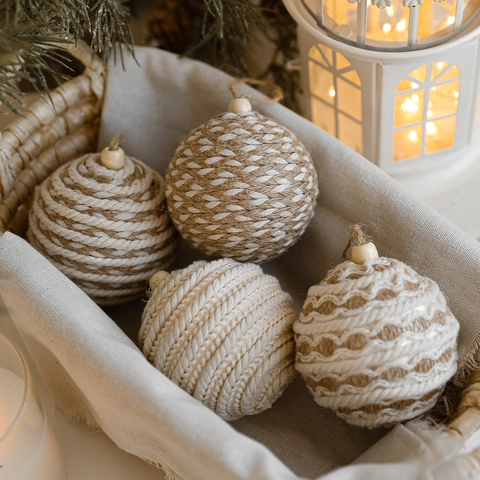 Woven Christmas Ball Ornaments Handmade Hemp Cotton Rope Tree Hanging Pendant Nordic Style Holiday Home Party Decoration