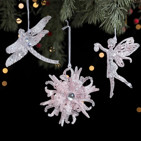 Décorations De Noël À Suspendre Rose Pailleté Étincelant Creux Plastique Fée Flocon De Neige Libellule Nœud Bonbon Forme Sac À Main Élégant Festif