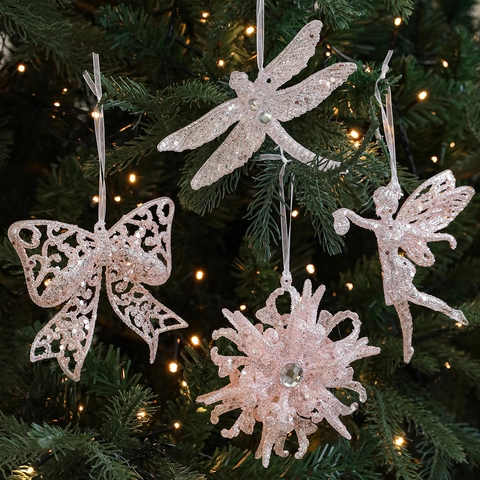 Décorations De Noël À Suspendre Rose Pailleté Étincelant Creux Plastique Fée Flocon De Neige Libellule Nœud Bonbon Forme Sac À Main Élégant Festif