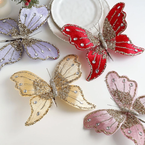 Lussuosi Decori Natalizi a Forma di Farfalla Floccata con Strass e Glitter Ornamenti con Clip in Metallo per Matrimoni Feste Casa