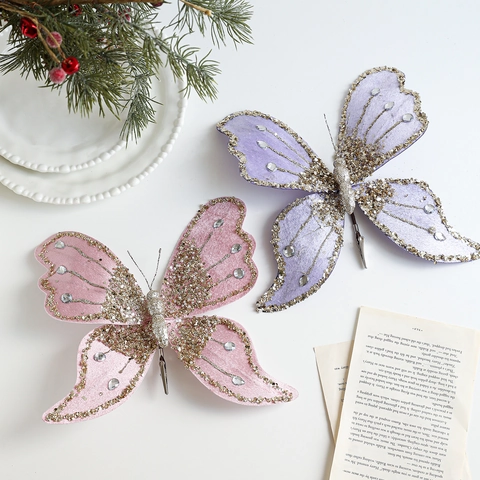 Lussuosi Decori Natalizi a Forma di Farfalla Floccata con Strass e Glitter Ornamenti con Clip in Metallo per Matrimoni Feste Casa
