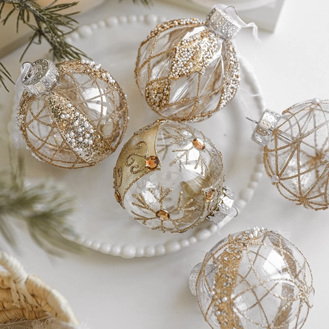 Luxus Transparente Weihnachtsbaumanhänger Dekokugel Goldglitzer Schneeflocke Künstliche Perlendekor Christbaumkugel Hängend Party Haus Deko