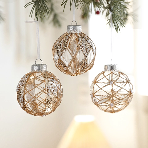 Luxus Transparente Weihnachtsbaumanhänger Dekokugel Goldglitzer Schneeflocke Künstliche Perlendekor Christbaumkugel Hängend Party Haus Deko