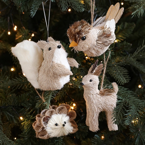 Ornamento da Appendere all'Albero di Natale in Paglia Naturale Animali della Foresta Renna Scoiattolo Uccello Decorazione