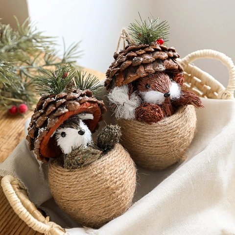 Ornement De Table Écureuil Hérisson Noël Pomme De Pin Corde De Jute Fibre De Sisal Décoration De Forêt Rustique