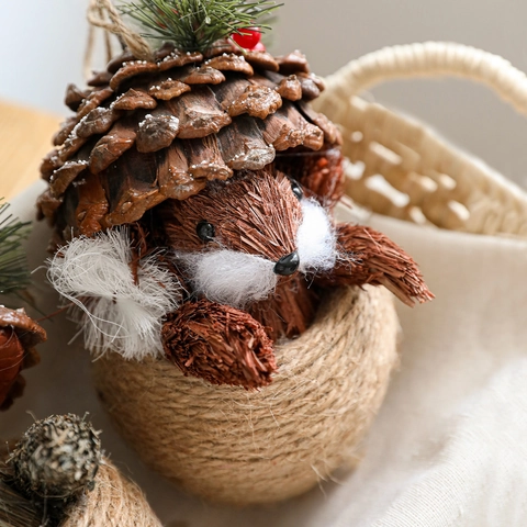 Ornement De Table Écureuil Hérisson Noël Pomme De Pin Corde De Jute Fibre De Sisal Décoration De Forêt Rustique
