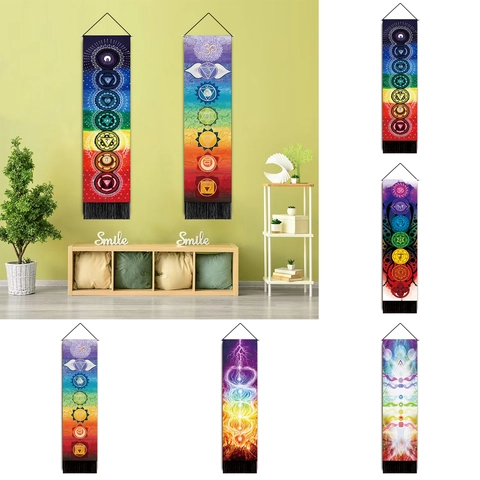 Chakra Symbols Mandala Wall Tapestry Polyester Cotton Hanging Scroll With Tassel Meditation Yoga Home Decor