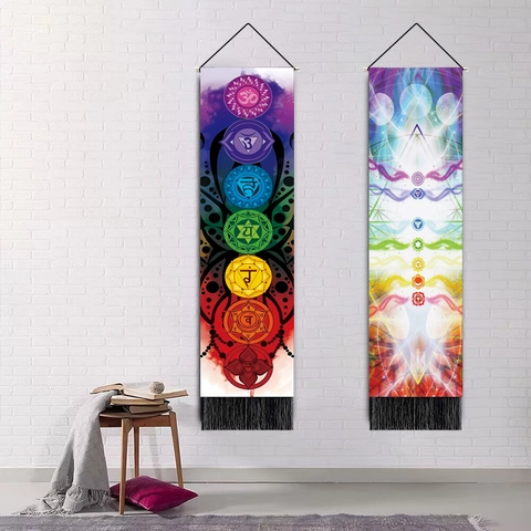 Chakra Symbols Mandala Wall Tapestry Polyester Cotton Hanging Scroll With Tassel Meditation Yoga Home Decor